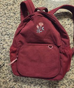 Burgundy Corduroy Backpack with Embroidered Roses – Cute Floral School Bag