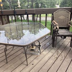 Patio Table, Chairs And Umbrella Stand 