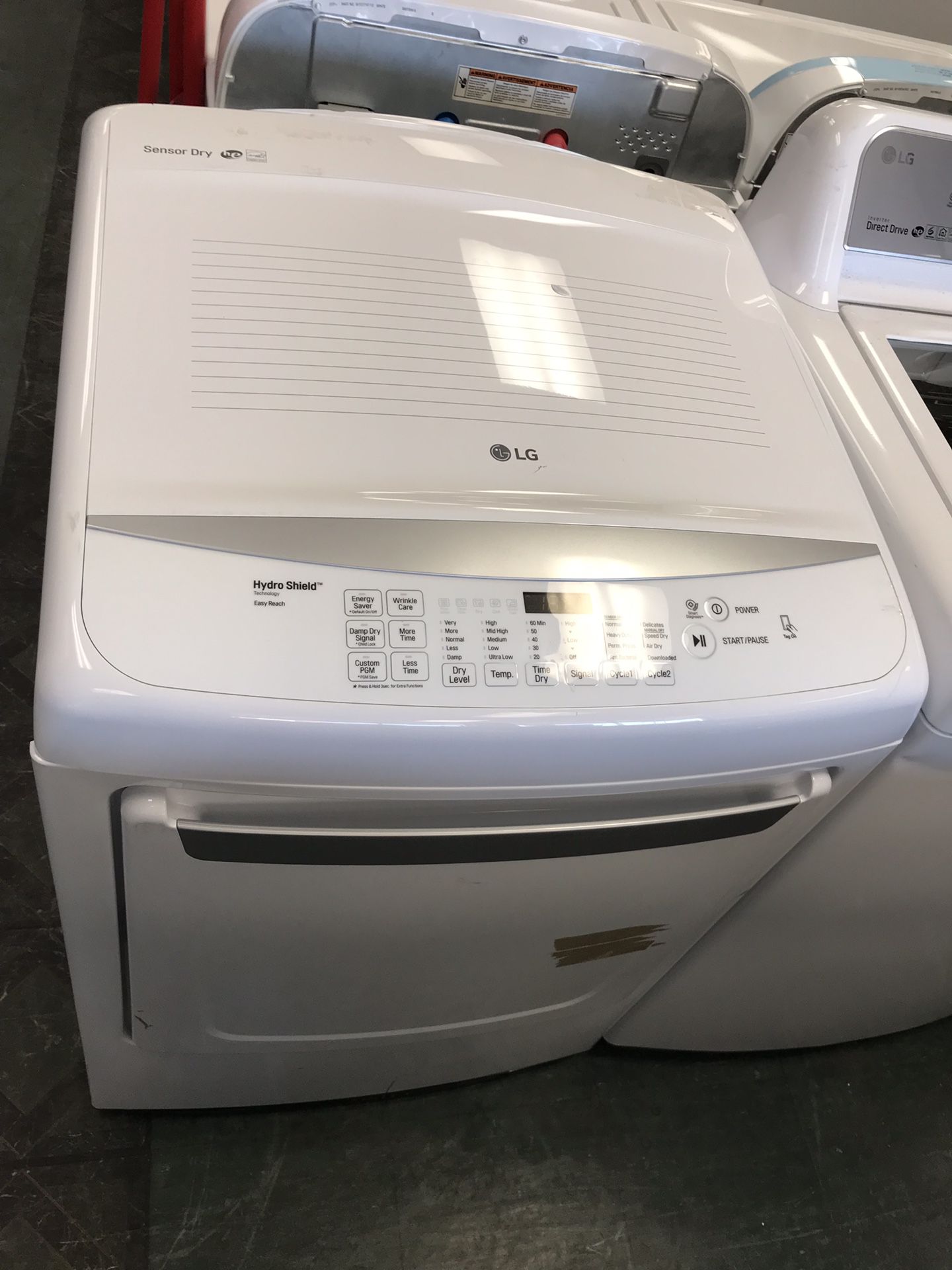 Lg brand open box scratch and dent model front load dryer.