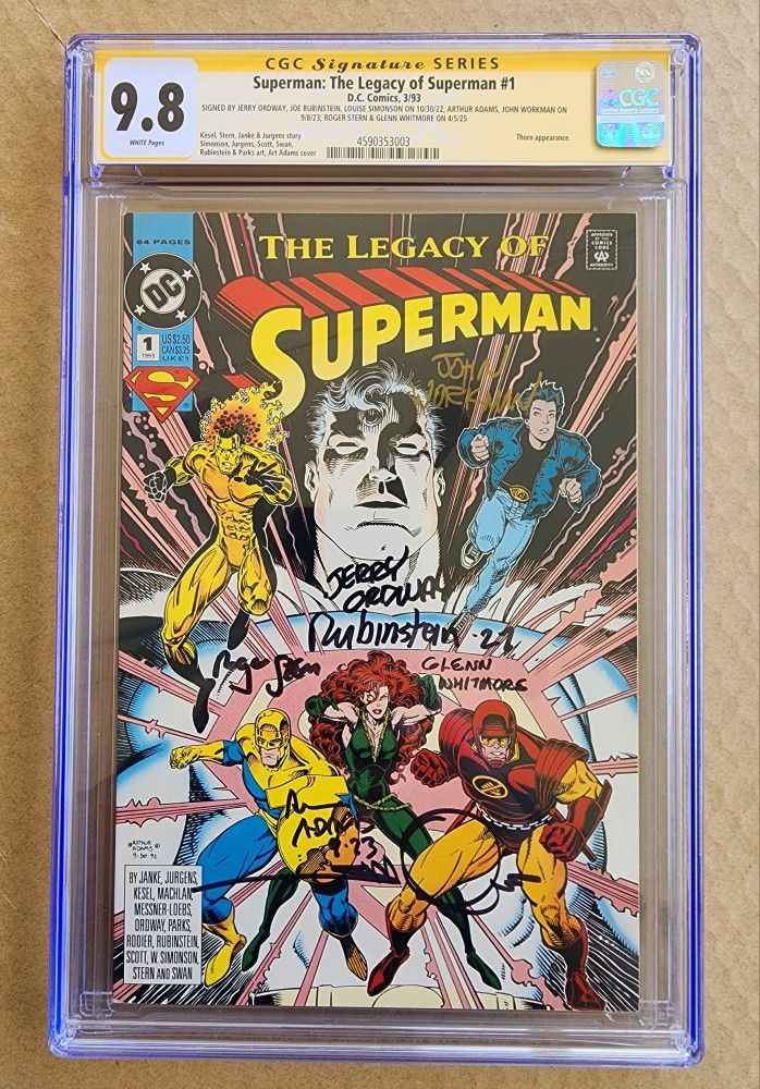 Superman the Legacy of Superman 1 (SS CGC 9.8) NM/MT x7 signed
(1st app Auron)
Signed by
Jerry Ordway
Joe Rubinstein
Louise Simonson
Art Adams
