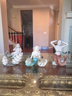 3pc Distressed Mermaid Statue Set - Coastal Decor