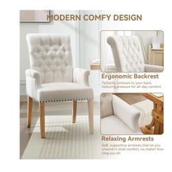 Fabric Dining Chair with Arms, Upholstered Tufted High Back Dining Room Chairs, Accent Armchair with Solid Wood Leg and Nailhead(DD8)