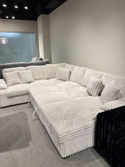 123” Long Corduroy Beige Color Sectional With Pullout Bed NEW