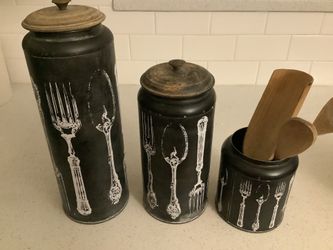 3 Unique Metal Canisters With Fork & Spoon Motif