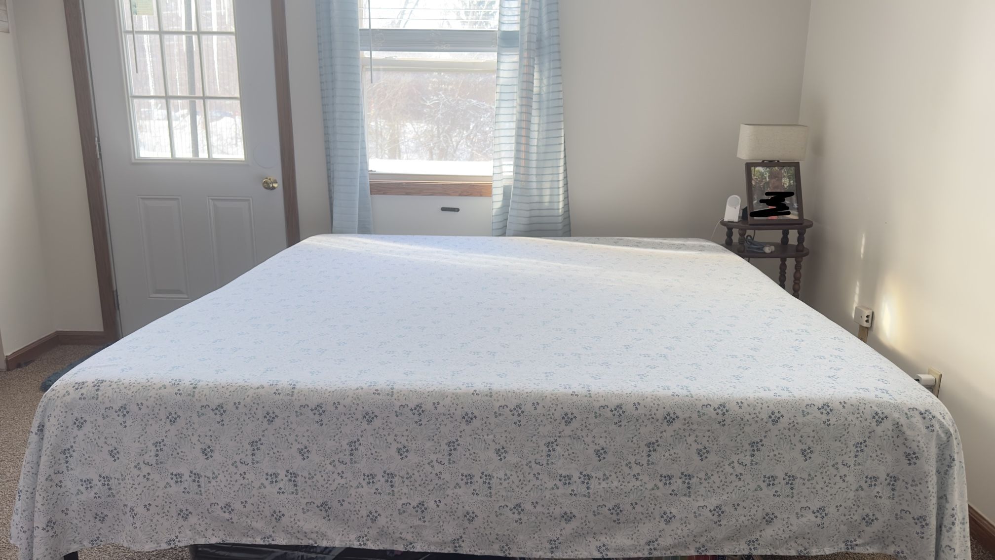 King platform bed and mattress with cover