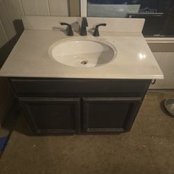 36 X 30 Vanity Cabinet With Specaled White Vanity Top W Backsplash.  All Wood In Solid Condition.