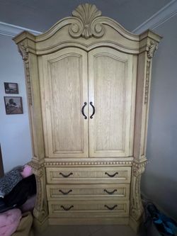 Large Ornate Wood Armoire with Drawers
