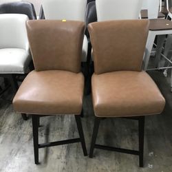 CHITA Modern 26" Counter Height Swivel Barstool, Upholstered Faux Leather Swivel Stool, Saddle Brown set of 2