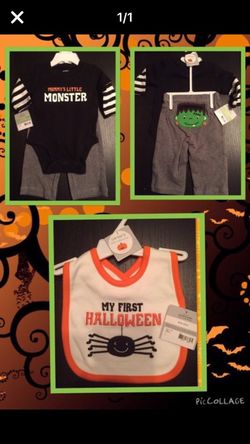 BNWT, 3 mo Carters long sleeved-onsie with pants & brand new bib.
