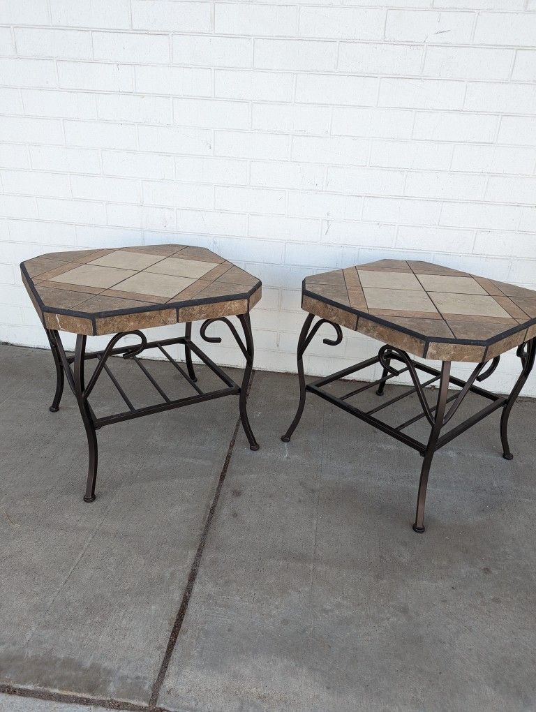 Slate Top W/Wrought Iron Legs Square End Tables 