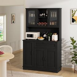 68" Kitchen Pantry Storage Cabinet, with Microwave Stand, Black Freestanding Buffet Cabinet, with 3 Door Shelves, Kitchen Hutch with Doors, Adjustable