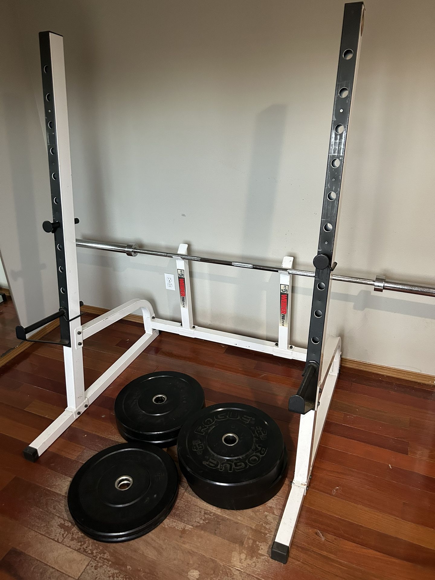 Squat/Bench Rack, Olympic barbell, Bumper Plates