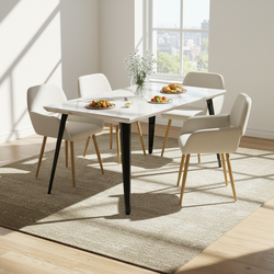 Stan 5 Piece White Marble Dining Table Set 63” Table with 4 Mayfair Upholstered Chairs, Beige