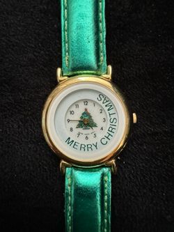 Merry Christmas Watch Shiny Green Leather Bands W/ New Battery