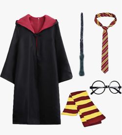 Wizard Costume Set with Black Robe,Wand & Tie for Kids Girls Boys Size, Halloween Cosplay