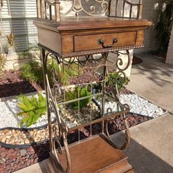 Antique Wrought Iron, Wood & Glass 3-Tier Bar Cart