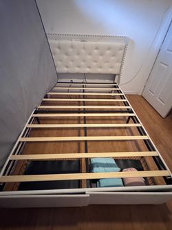 Beige Upholstered Bed Frame with Storage