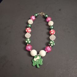 St. Patrick's Day Clover ☘️  Chunky Bubblegum 16" Beaded Necklace W/Silvertone Spacers-Green, Pink, Iridescent & White Beads W/Toggle Clasp