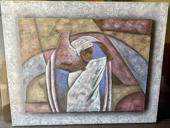 Original R. Atkins Painting – African Woman with Vase – Textured Acrylic on Canvas