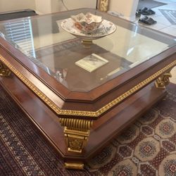 Wooden And Glass Coffee Table With Side Table 