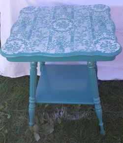Gorgeous antique lamp table. In a vintage teal and lace.