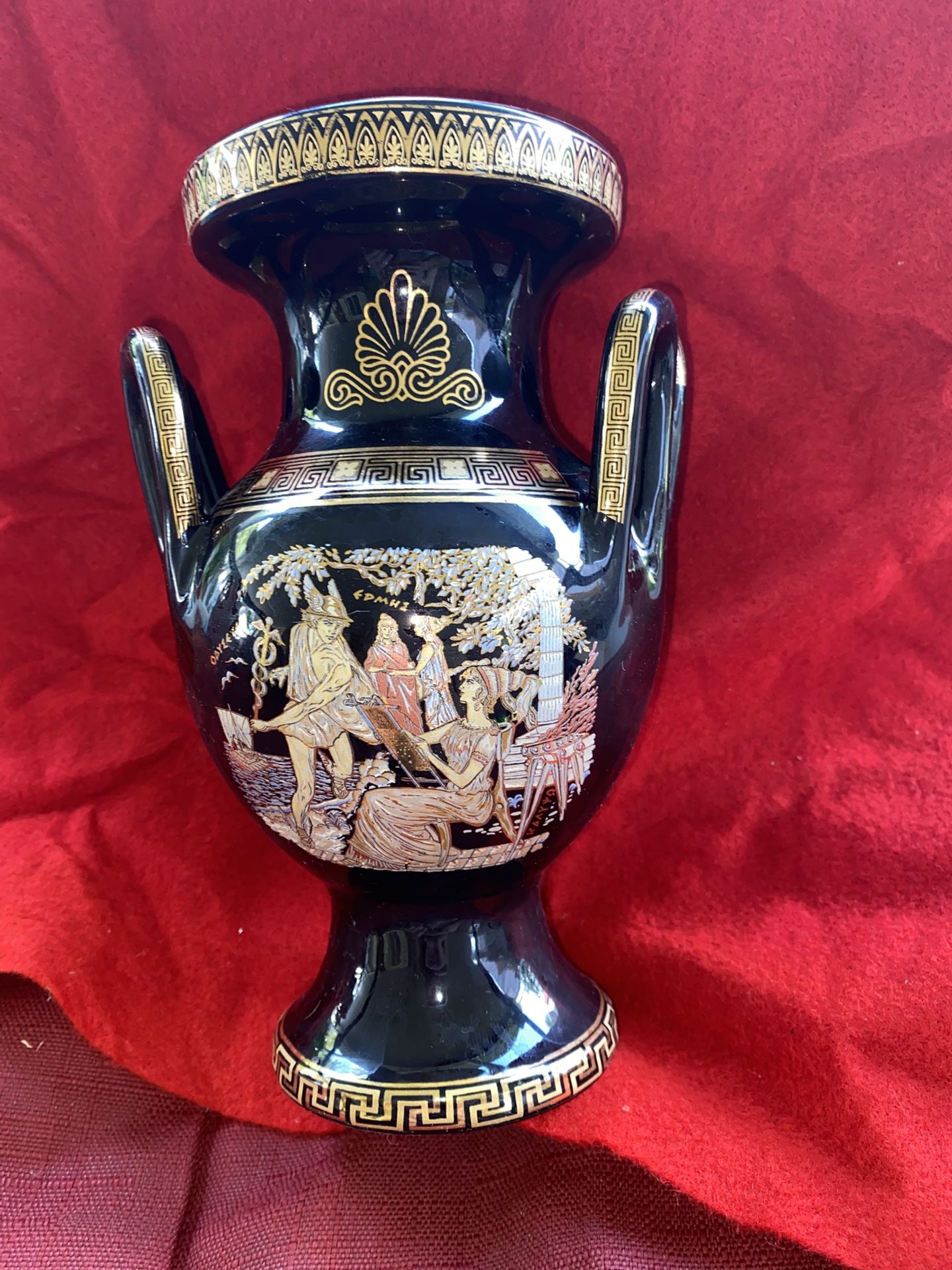 10 inch 24k Black & Gold Handmade In Greece Imported From Greece Greek Ceramic Vase (READ DESC)