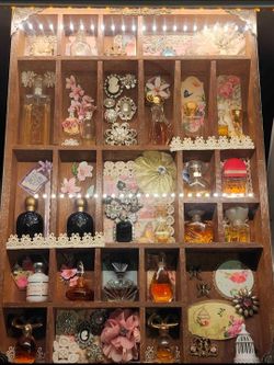 Vintage Style Display Shelf Miniature Perfume Bottles Brooches O. B. O.