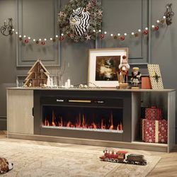 70 in. Wash Gray TV Stand with Electric Fireplace Fits TV Up to 75 in. Entertainment Center with Cabinet