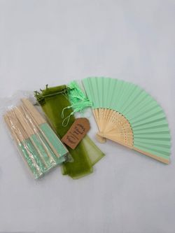 6 Pack Sage Green Folding Hand Fans Bamboo Wedding Party Favor Gift Bags Tassels
