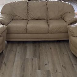 Leather Sofa 3-Piece Beige and Armchair Set. Price Including Delivery 