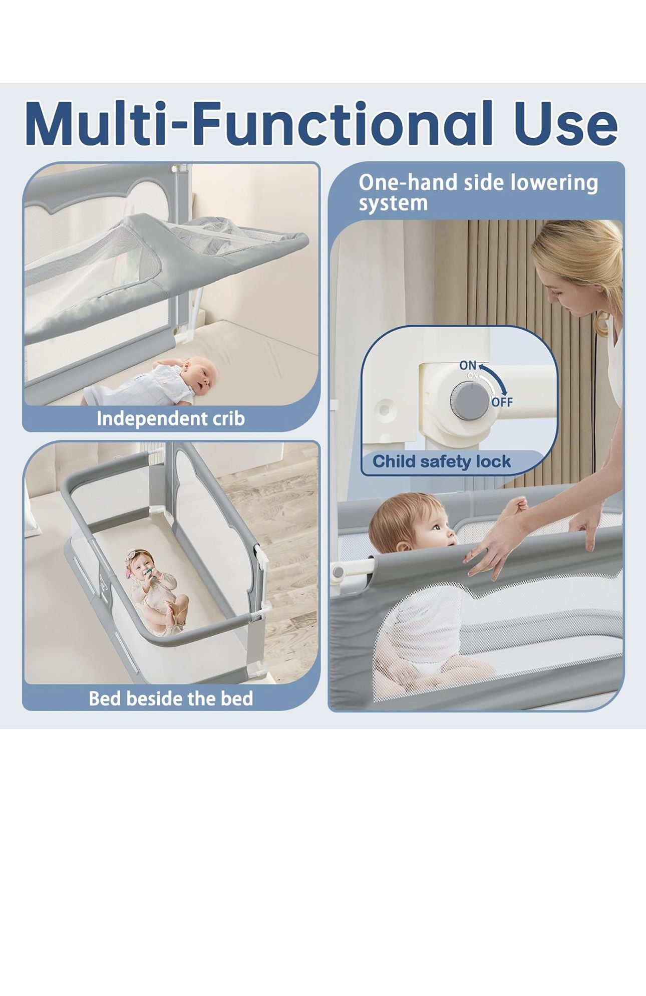 3 in 1 Baby Bassinet Bedside Sleeper Portable Crib, Foldable Bed Rail for Toddlers, Co-Sleeping Baby Bed, Playpen, Suitable for Twin, Full, King & Que