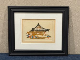 Small Japanese Woodblock Print "The Fair at Toji Temple” by Toshijiro Inagaki
