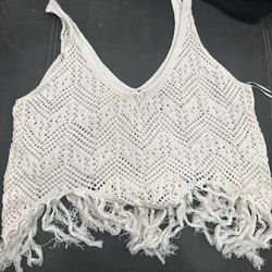 Wrangler Women's Retro Crochet Fringe Vest Tank in a cream or egret color