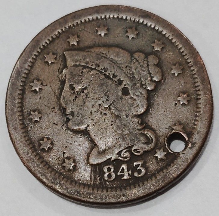 Large Penny One Cent ERROR 1843 Copper Coin