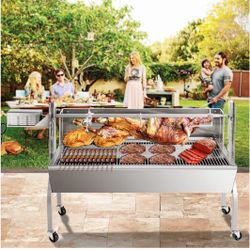 Rotisserie Grill Stainless Steel Charcoal Spit Roaster, 50" Pig Lamb Hooded Roaster Charcoal Spit with 30W Motor & Adjustable Height Lockable Casters 