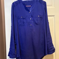 Calvin Klein royal blue roll-tab sleeve blouse