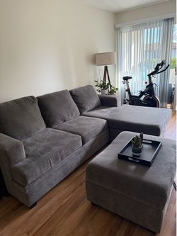 Living Spaces Sectional Sofa + Storage Ottoman – Good Condition