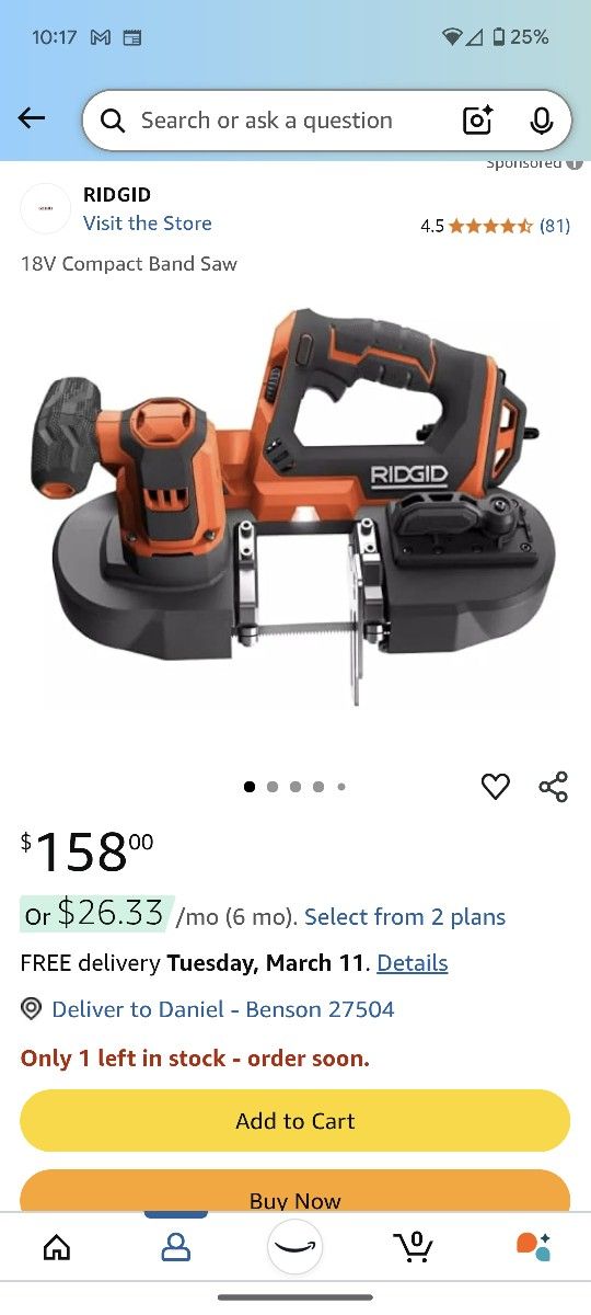 Ridgid 18v Sub Compact Bandsaw