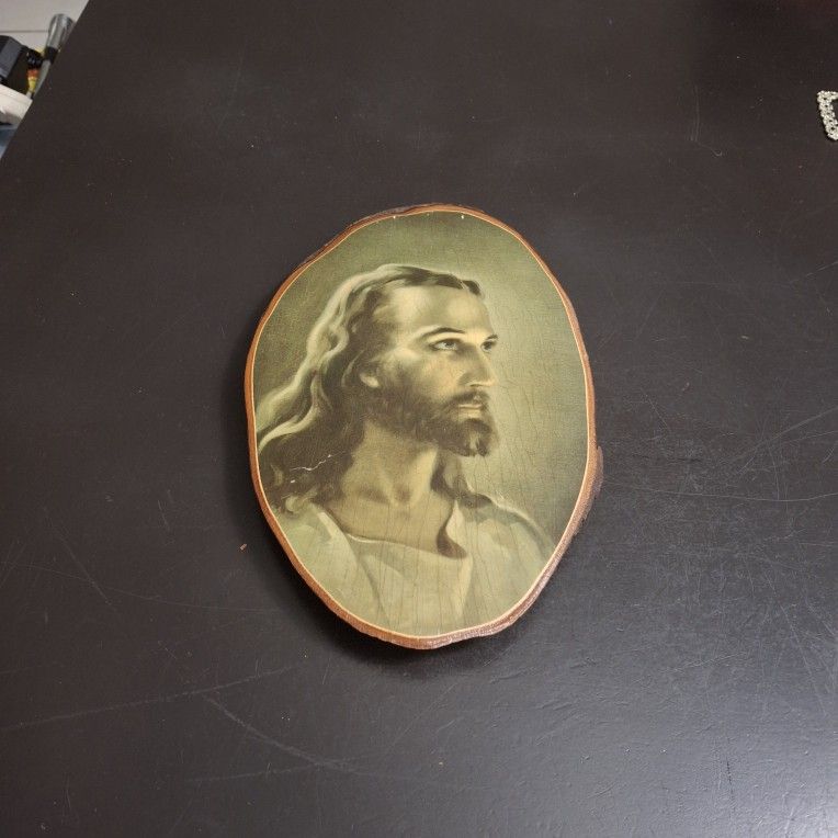 Gorgeous Vintage 70's Cross Cut Pine Tree Slab Portrait Plaque Of Jesus 10.5 X 6.25
