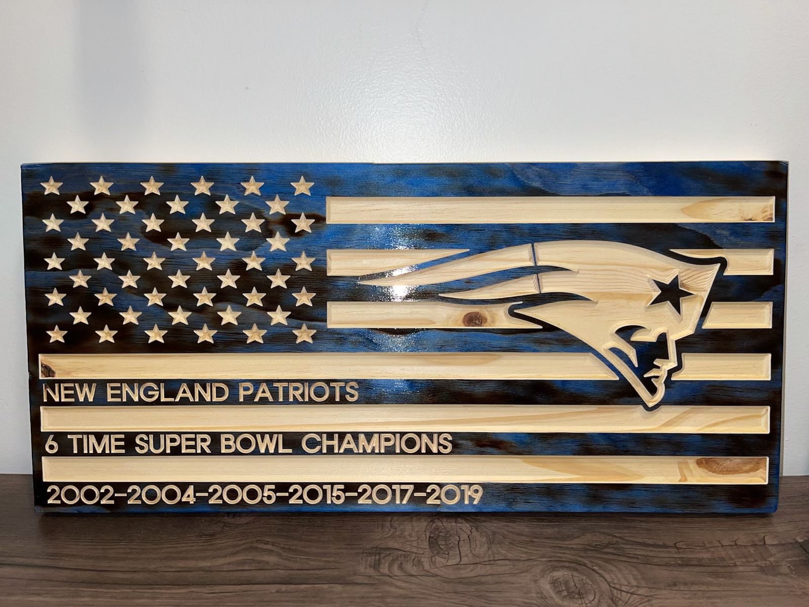 Custom Engraved 24”x11” New England Patriots American Flag