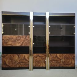 Retro Wall Unit With Smoked Glass, Brass Hardware Accents, With 4 Lights