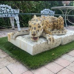 MidCentury Leopard Statue on Stone Coffee Table