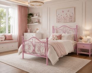 Twin bed Platform Bed Frame, Victorian Crown Headboard, 450lb Capacity, 13" Under-Bed Space, No Box Spring Needed,Pink