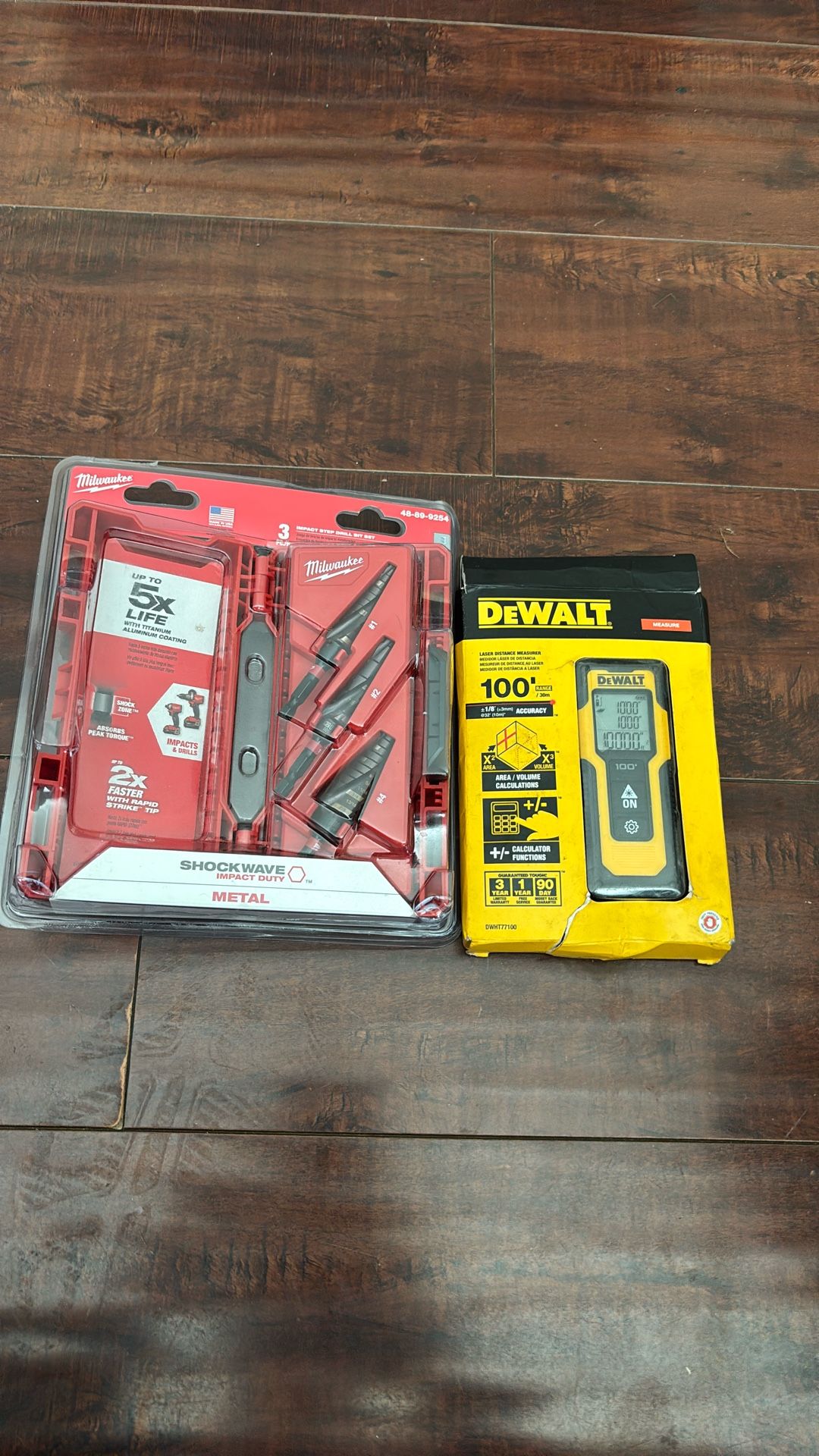 Dewalt Laser Measurer 100ft Range And Milwaukee Step Drill But Set