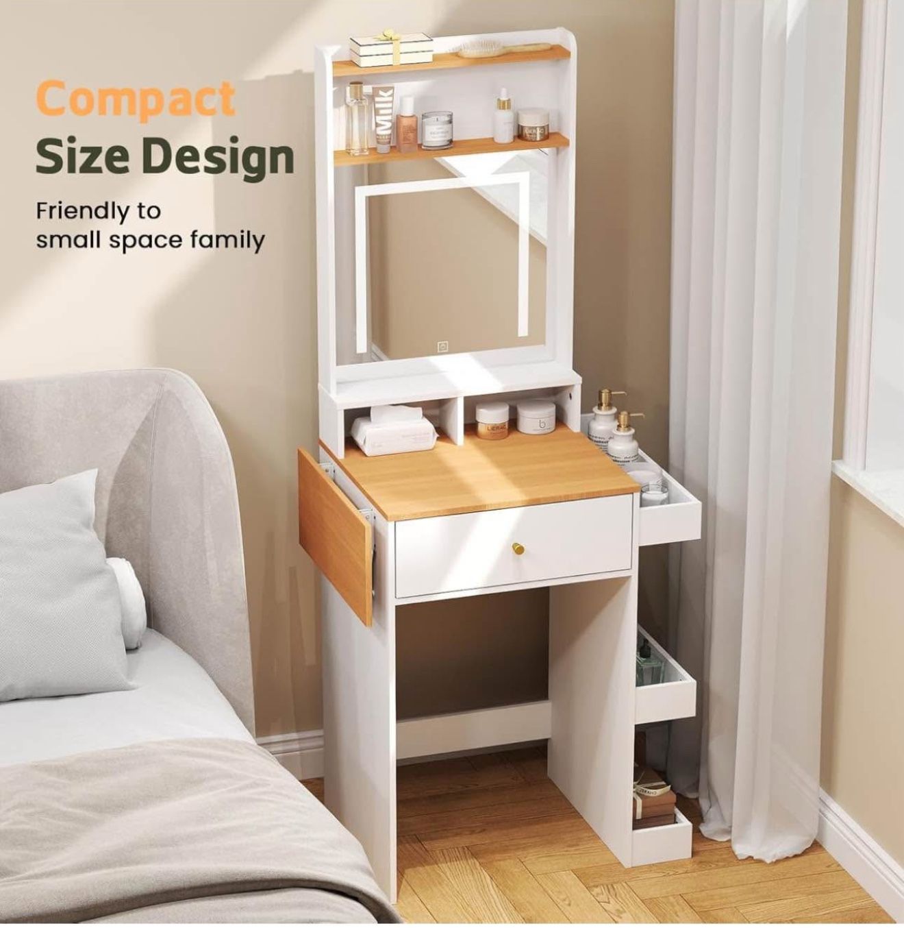 Small Vanity Desk with Mirror and Lights - Compact Makeup Dressing Table with Fold-up Panel & Side Storage Shelf for Small Spaces,