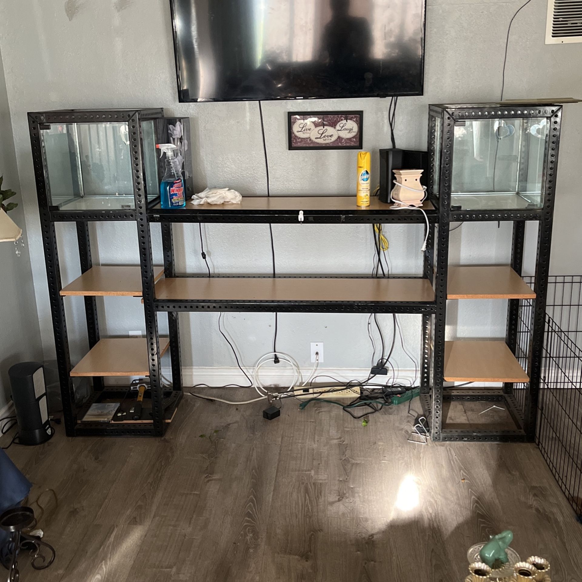 Black Welded Entertainment With Wood Shelves