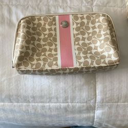 Tan, White With A Pink Strip Make Up Bag