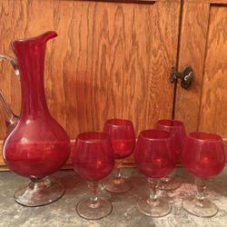 Ruby Red Pitcher W/five 5” Stem Glasses