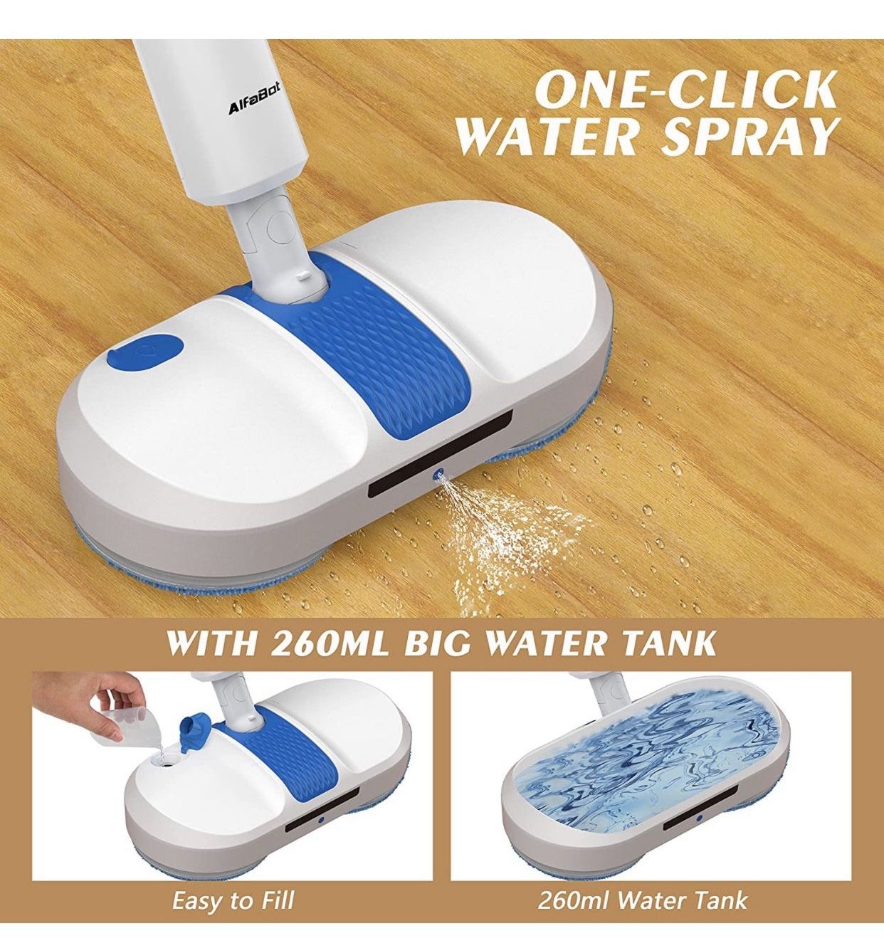 Electric Mop, Cordless Spin Mop for Floor Cleaning, AlfaBot S1 Cordless Mop with Water Sprayer and LED Headlight, Super Quite & Rechargeable Floor Scr