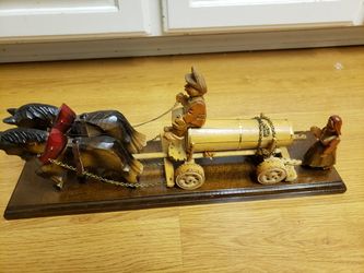 Hand carved wood German beer barrel cart